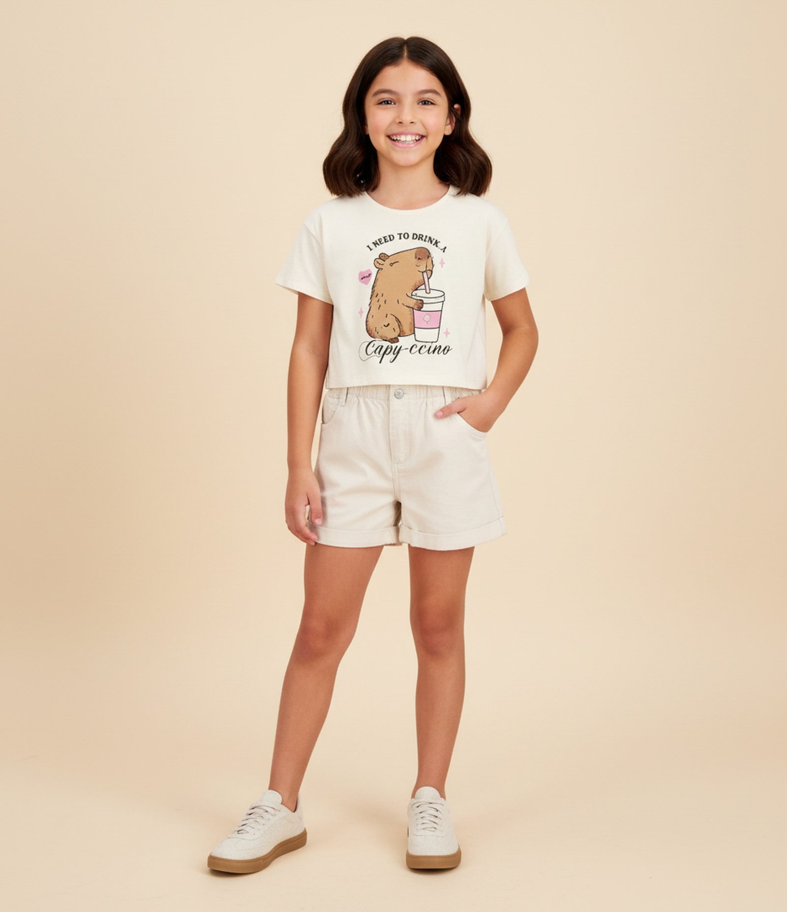 Camiseta Cropped com Estampa de Capivara - Tam 7 a 14 Anos Bege 1