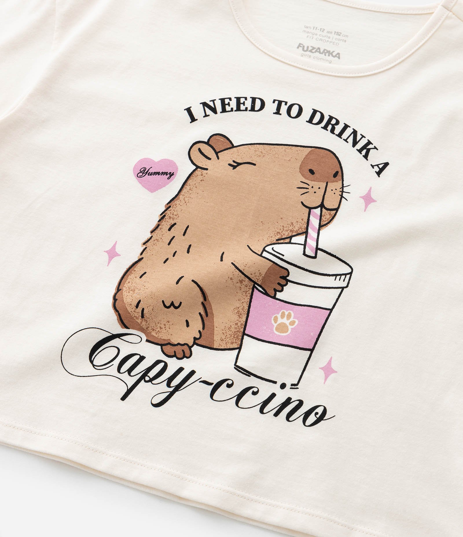 Camiseta Cropped com Estampa de Capivara - Tam 7 a 14 Anos Bege 4