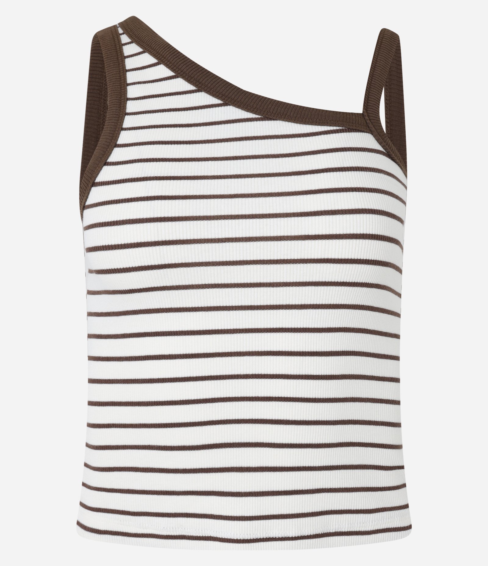 Blusa Regata em Ribana Listrada com Decote Assimétrico Marrom/Branco 4