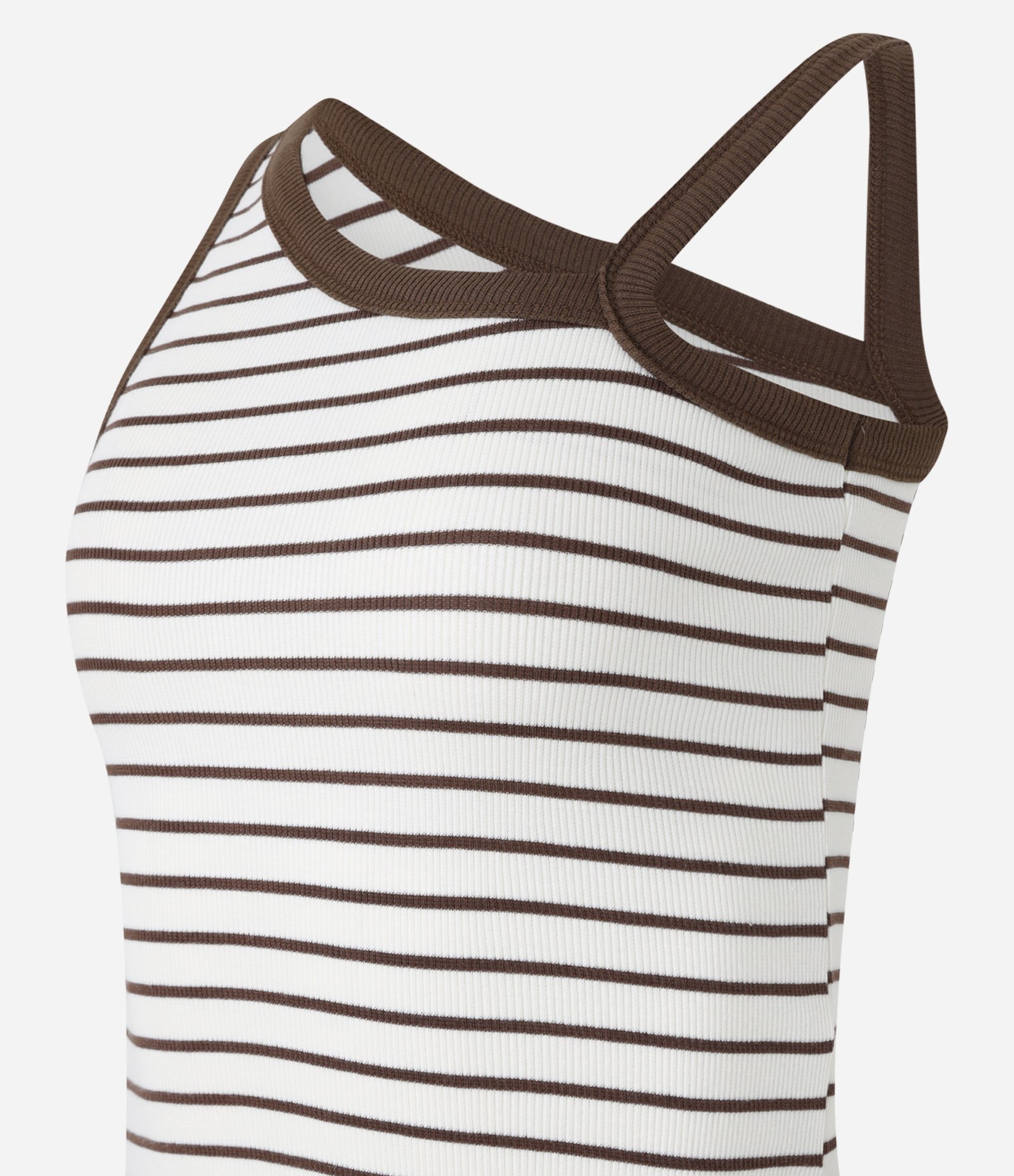 Blusa Regata em Ribana Listrada com Decote Assimétrico Marrom/Branco 5