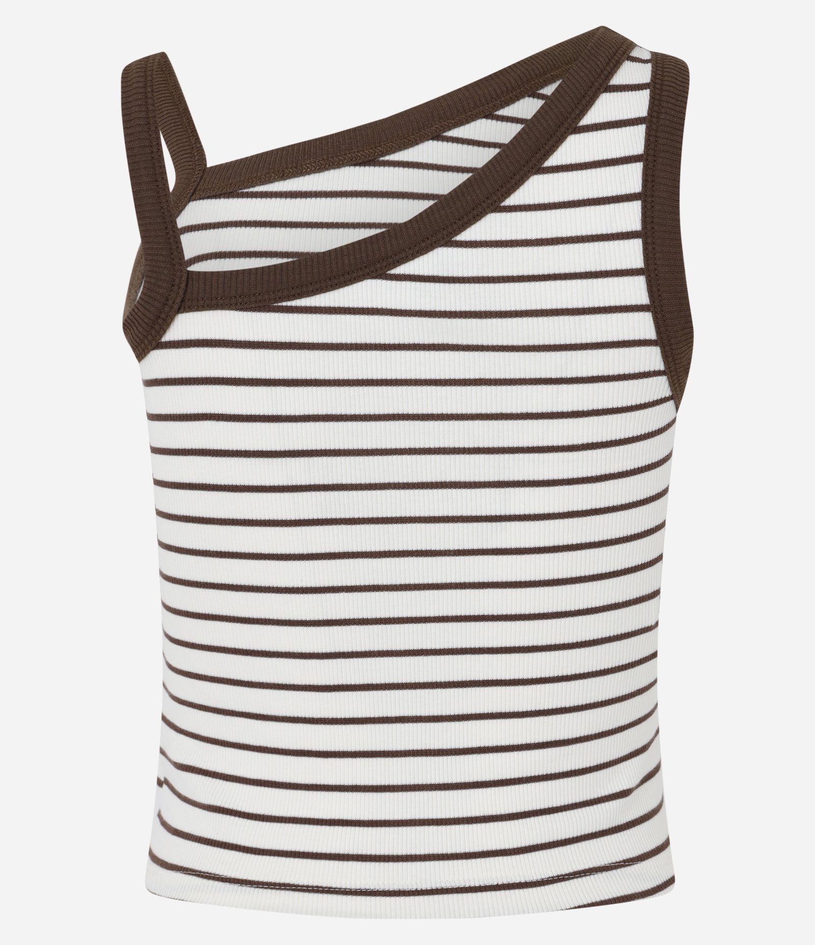 Blusa Regata em Ribana Listrada com Decote Assimétrico Marrom/Branco 6