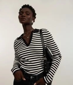 Blusa em Tricô Listrado com Gola Polo