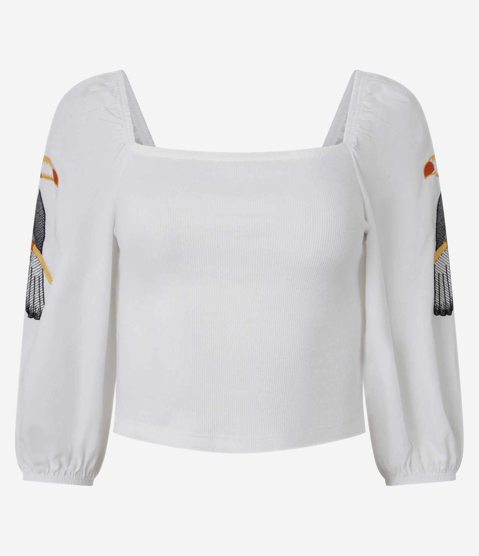 Blusa Cropped em Ribana com Manga Bufante e Bordado de Tucano Branco 4