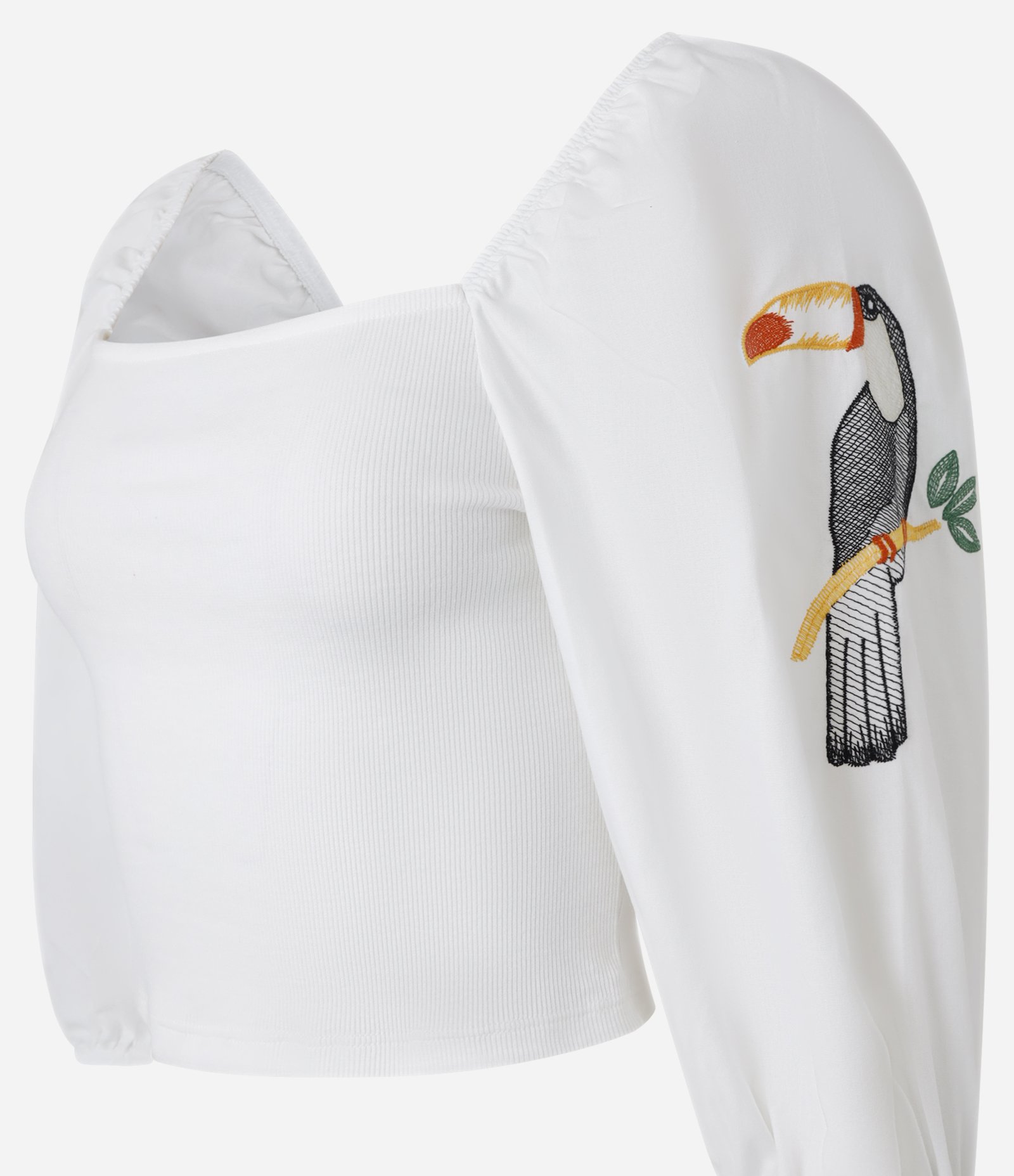 Blusa Cropped em Ribana com Manga Bufante e Bordado de Tucano Branco 5