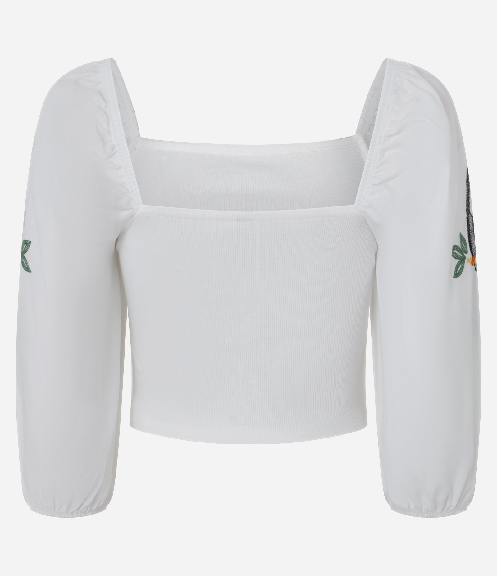 Blusa Cropped em Ribana com Manga Bufante e Bordado de Tucano Branco 6