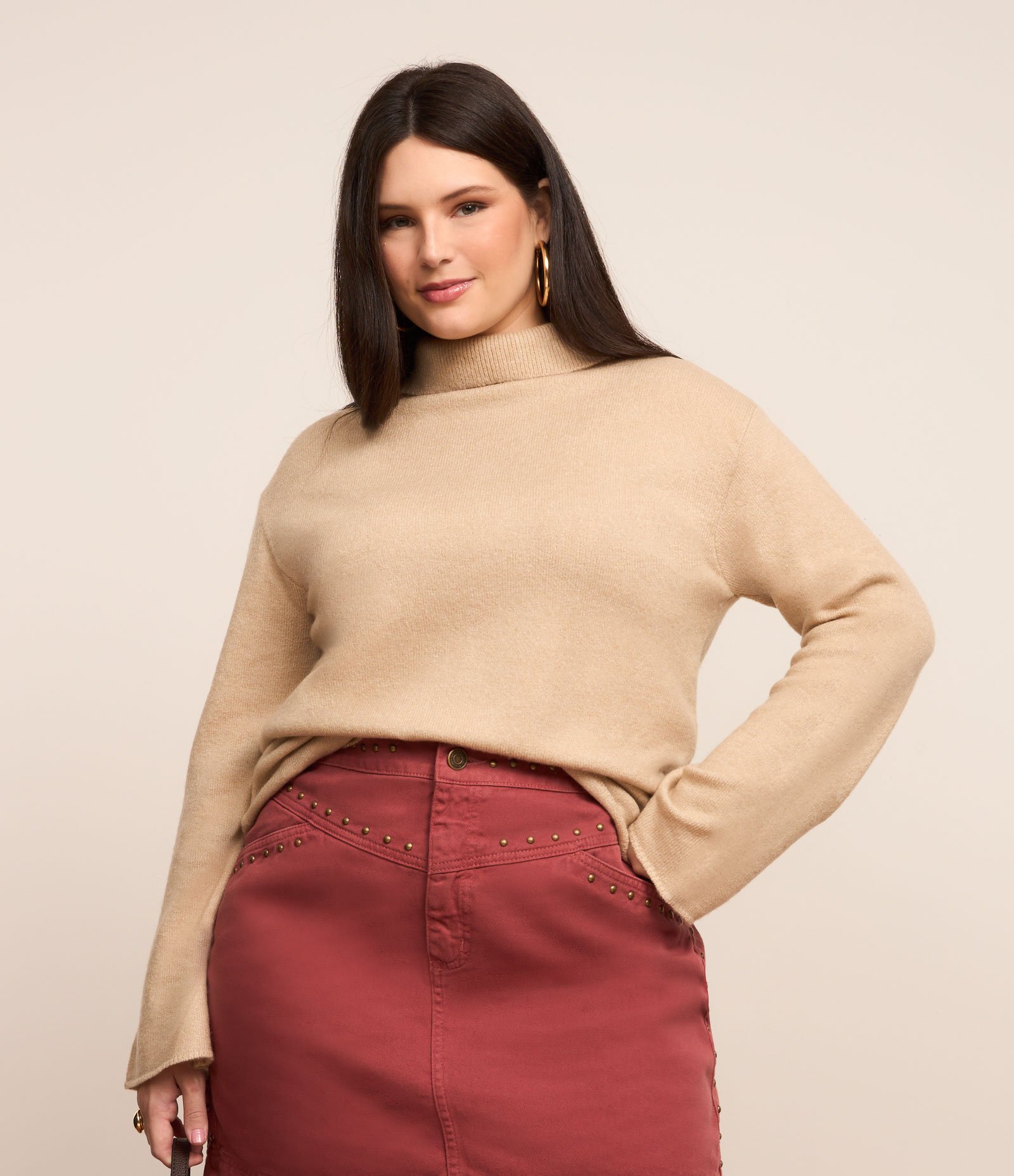 Suéter Alongado em Tricô Curve & Plus Size Bege 2
