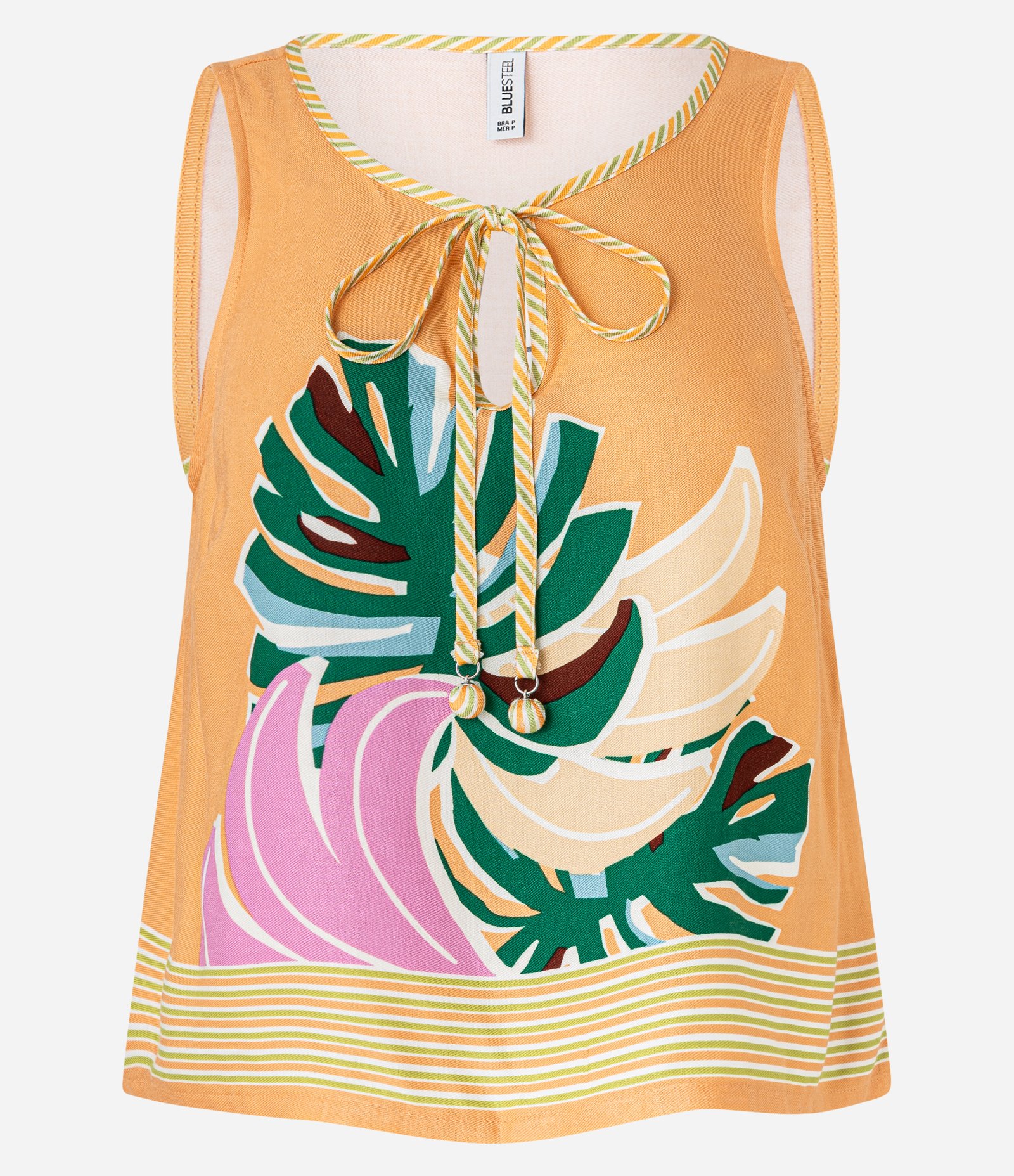 Blusa em Viscose sem Manga e Estampa de Folhagens Laranja 5