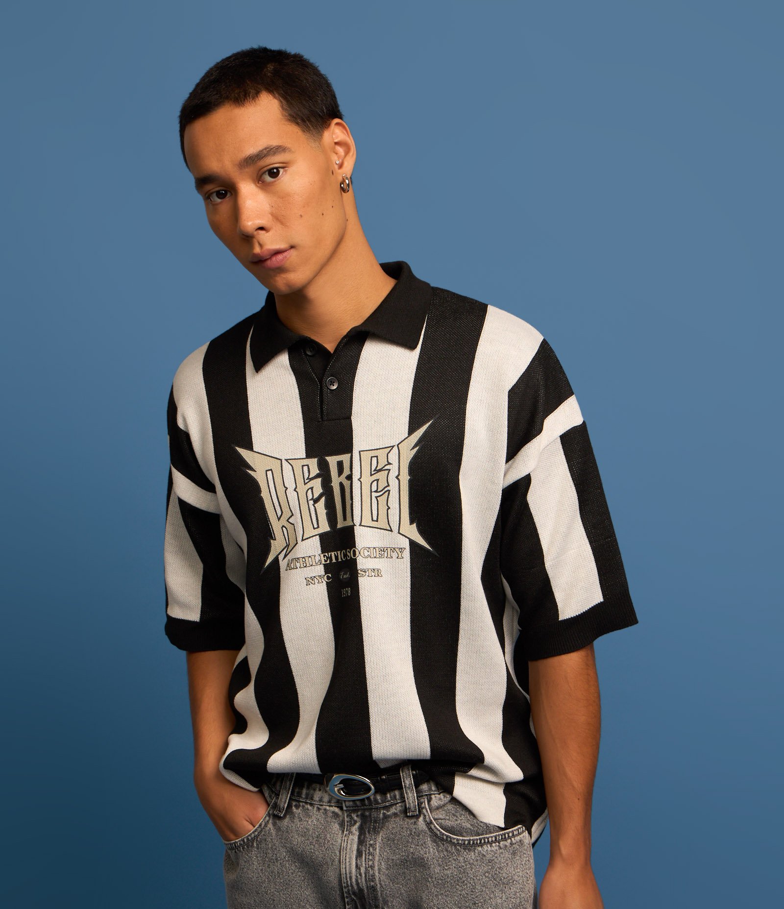 Camisa Polo Boxy Sportcore em Tricô com Listras Preto e Branco 1