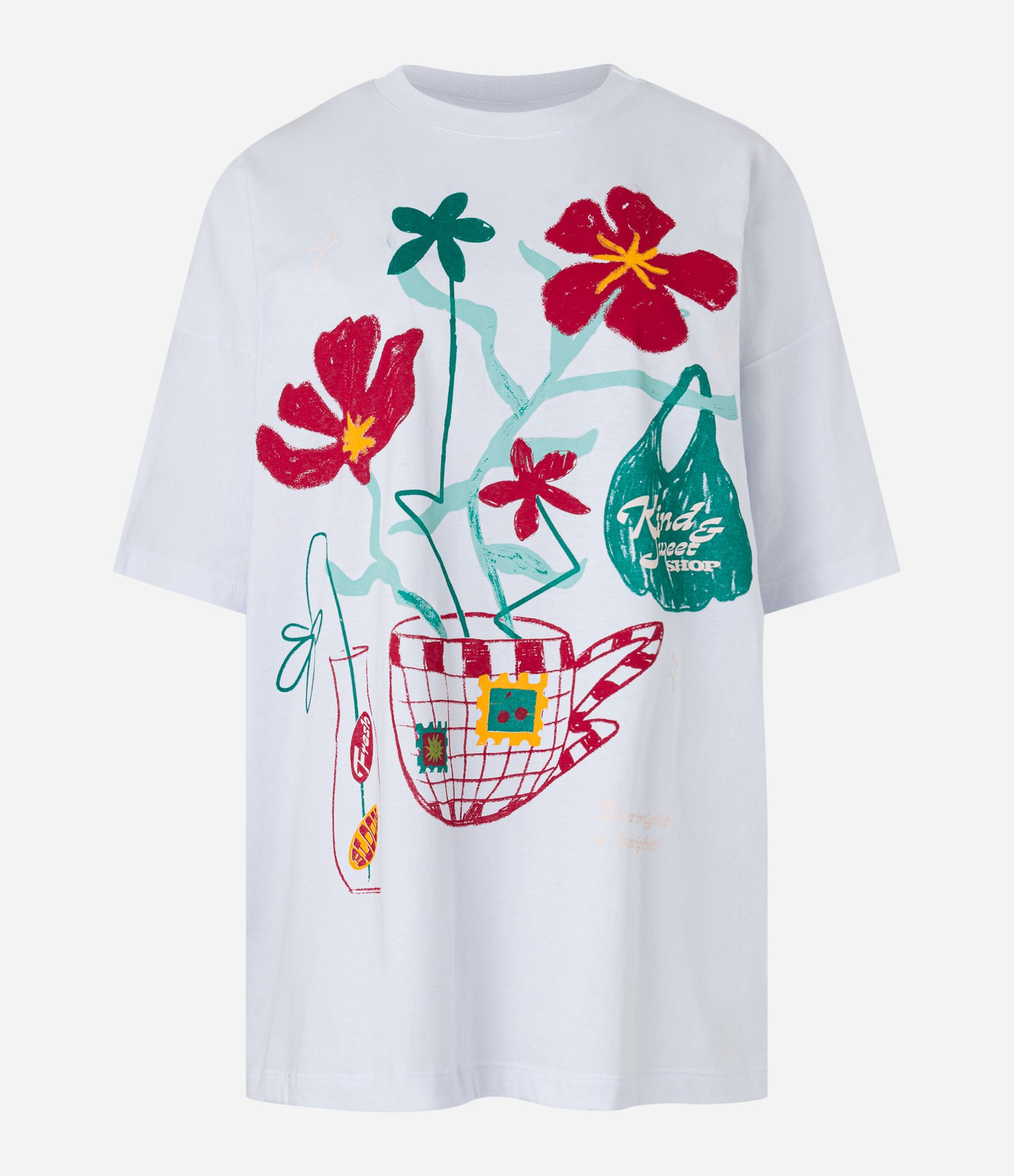 Camiseta Alongada em Algodão com Estampa 
Flower Shop Branco 4