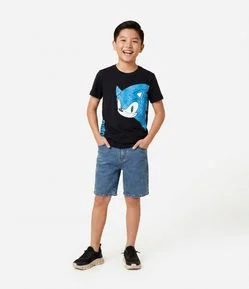 Camiseta Infantil com Estampa do Sonic Metalizada - Tam 5 a 12 Anos