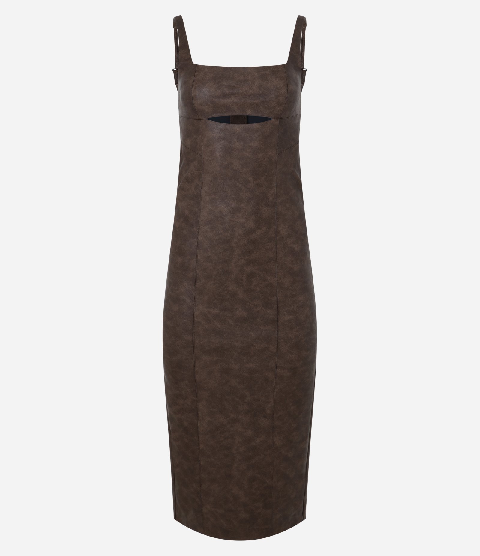 Vestido New Midi em Pu com Abertura Abaixo do Busto Marrom 7
