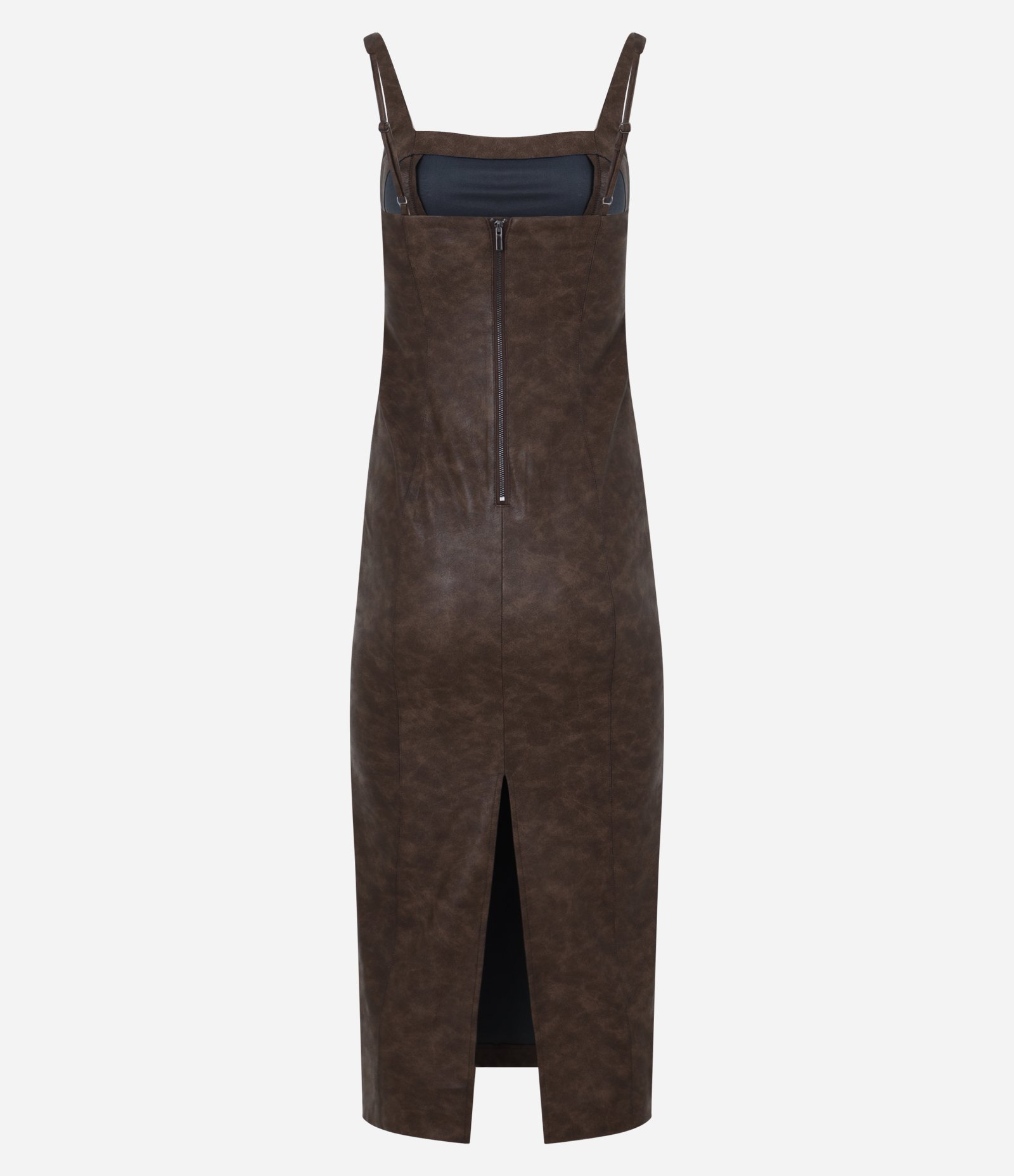 Vestido New Midi em Pu com Abertura Abaixo do Busto Marrom 9