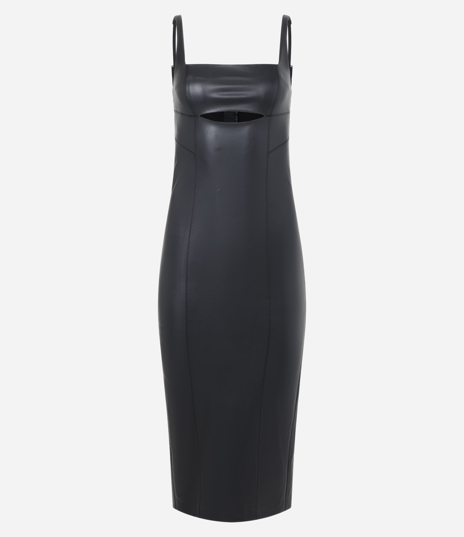 Vestido New Midi em Pu com Recorte Vazado e Fenda Preto 8