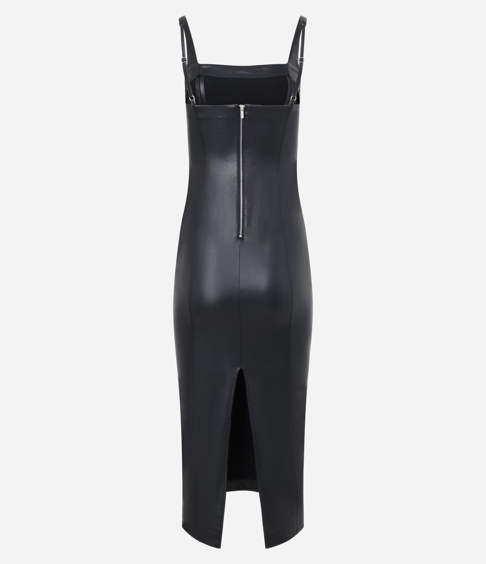 Vestido New Midi em Pu com Recorte Vazado e Fenda Preto 9