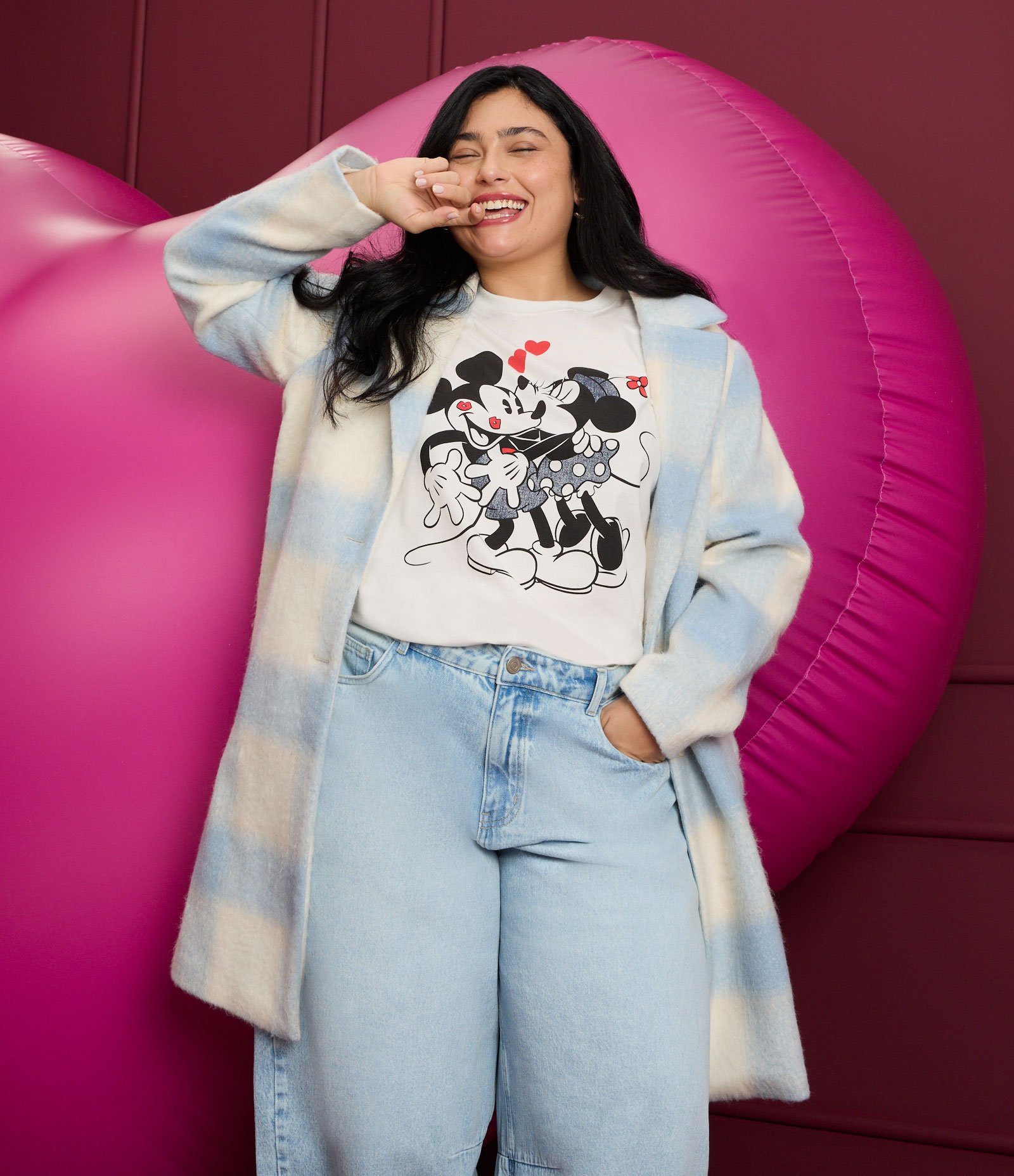 Casaco Alongado em Polivelour Xadrez Curve & Plus Size Azul/Branco 1