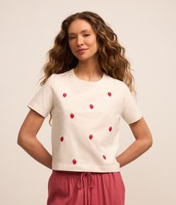 Blusa Baby Look em Algodão com Bordado de Morangos