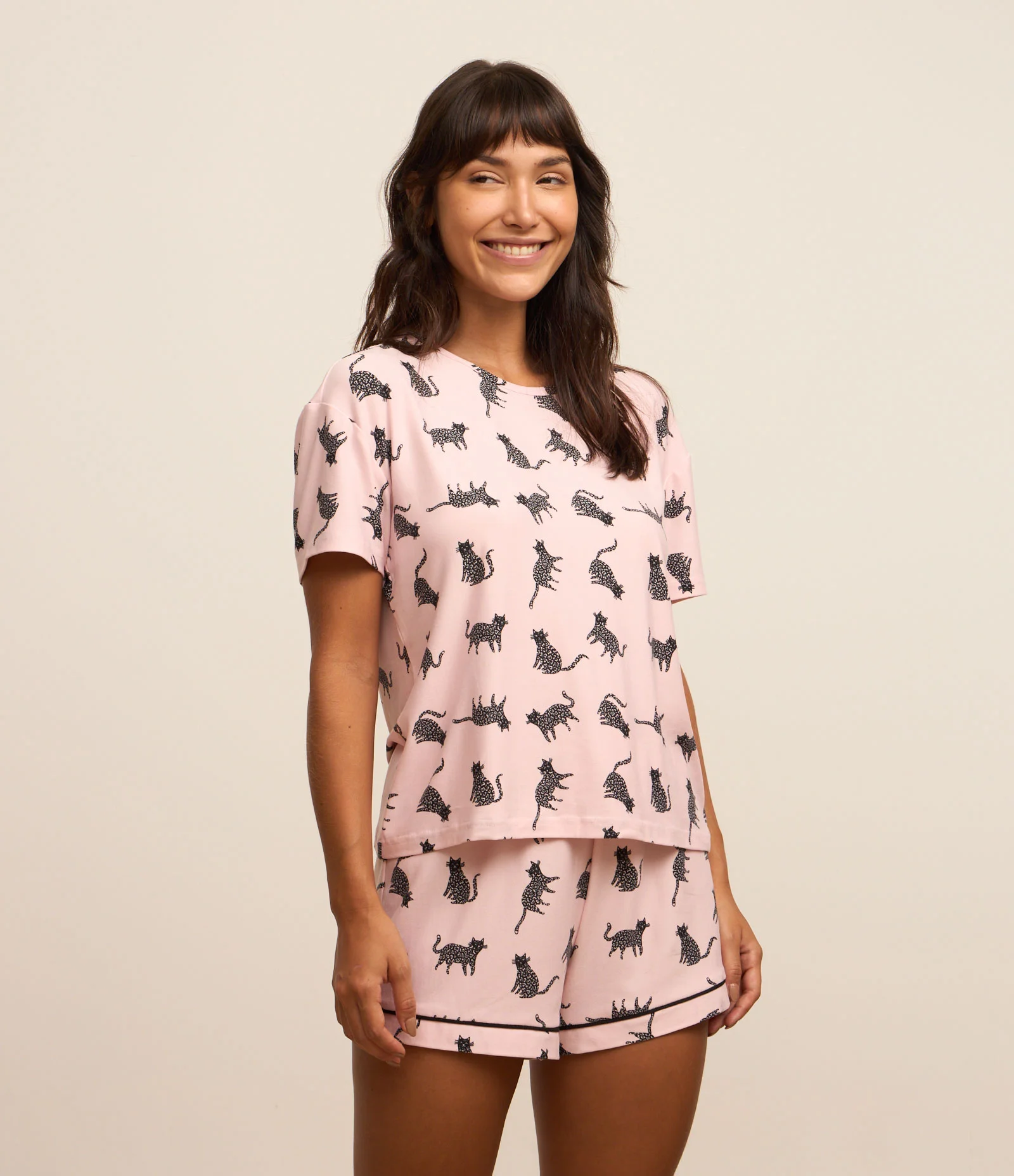 Blusa de Pijama em Peach Touch com Estampa de Gatinhos Rosa 1