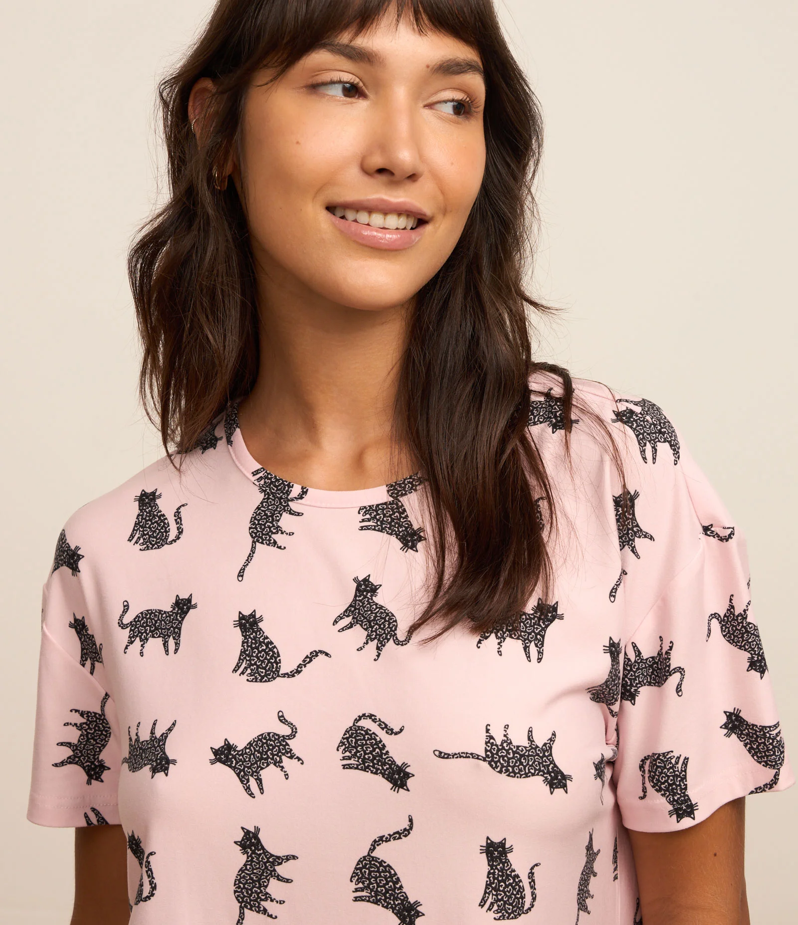 Blusa de Pijama em Peach Touch com Estampa de Gatinhos Rosa 2