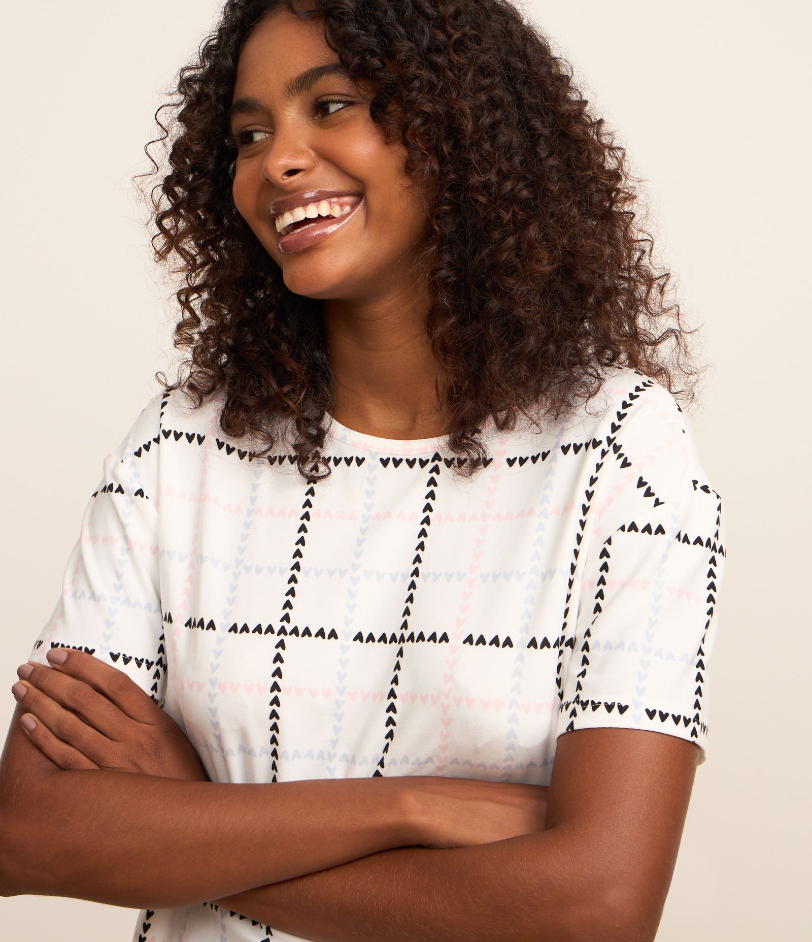 Blusa de Pijama Toque Suave com Estampa Coração Xadrez Branco 2
