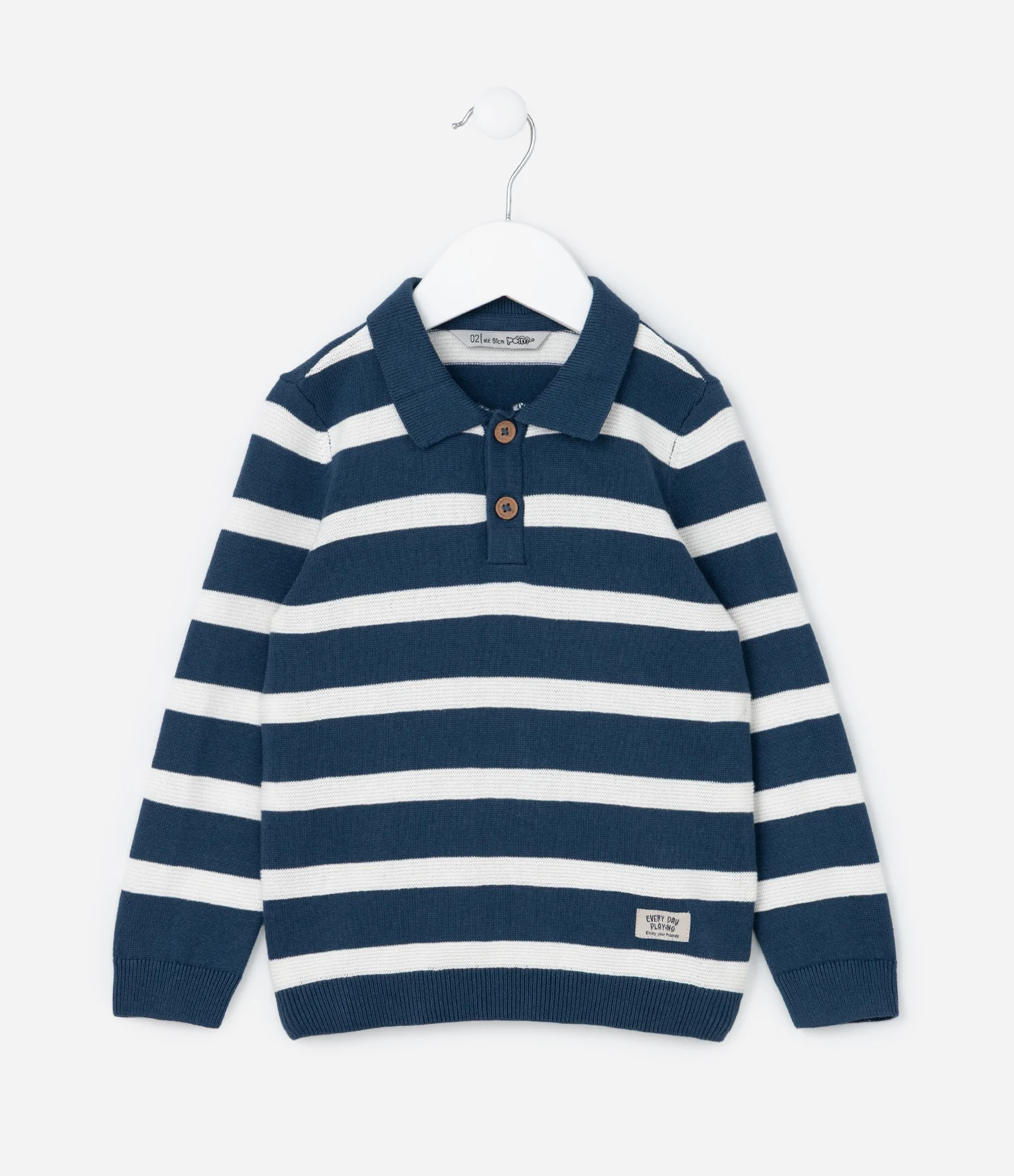 Suéter Infantil em Tricô com Gola Polo e Listras - Tam 1 a 5 Anos Azul 1