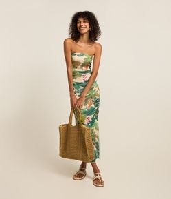 Vestido New Midi Tomara que Caia em Tule com Drapeado e Estampa Floral