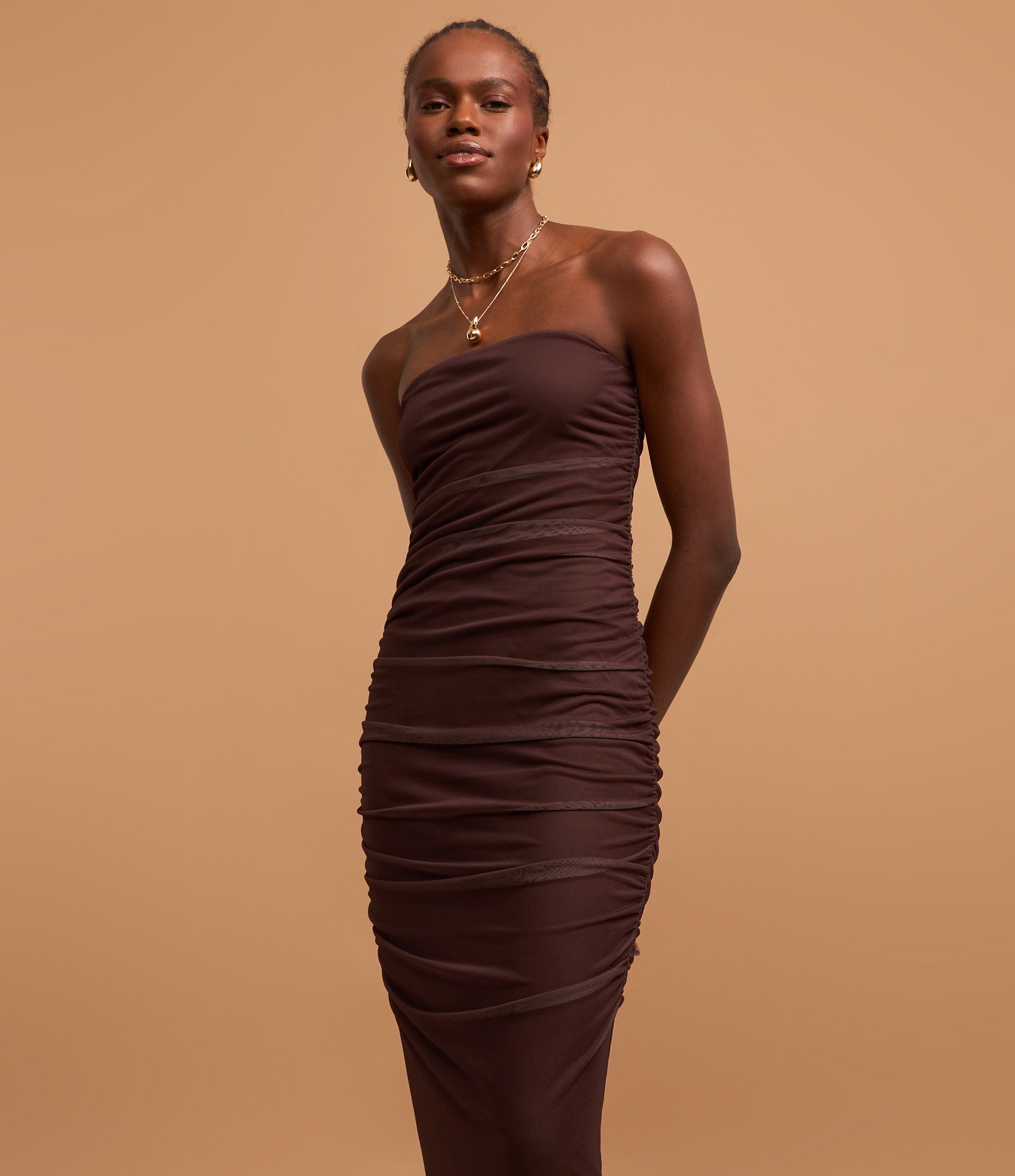 Vestido New Midi em Tule Forrado e Drapeado Marrom 4