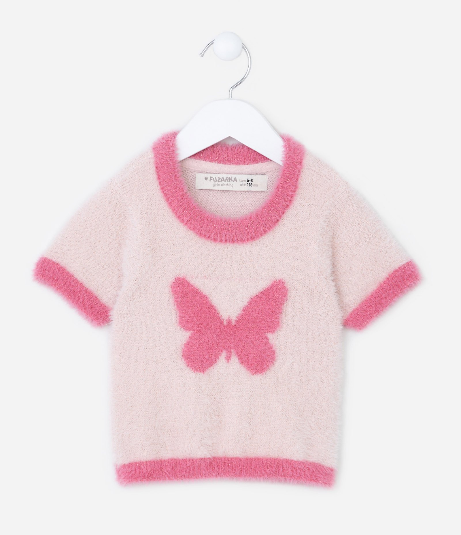 Blusa Infantil com Pelinhos e Estampa Borboleta - Tam 5 a 14 Anos Rosa 1