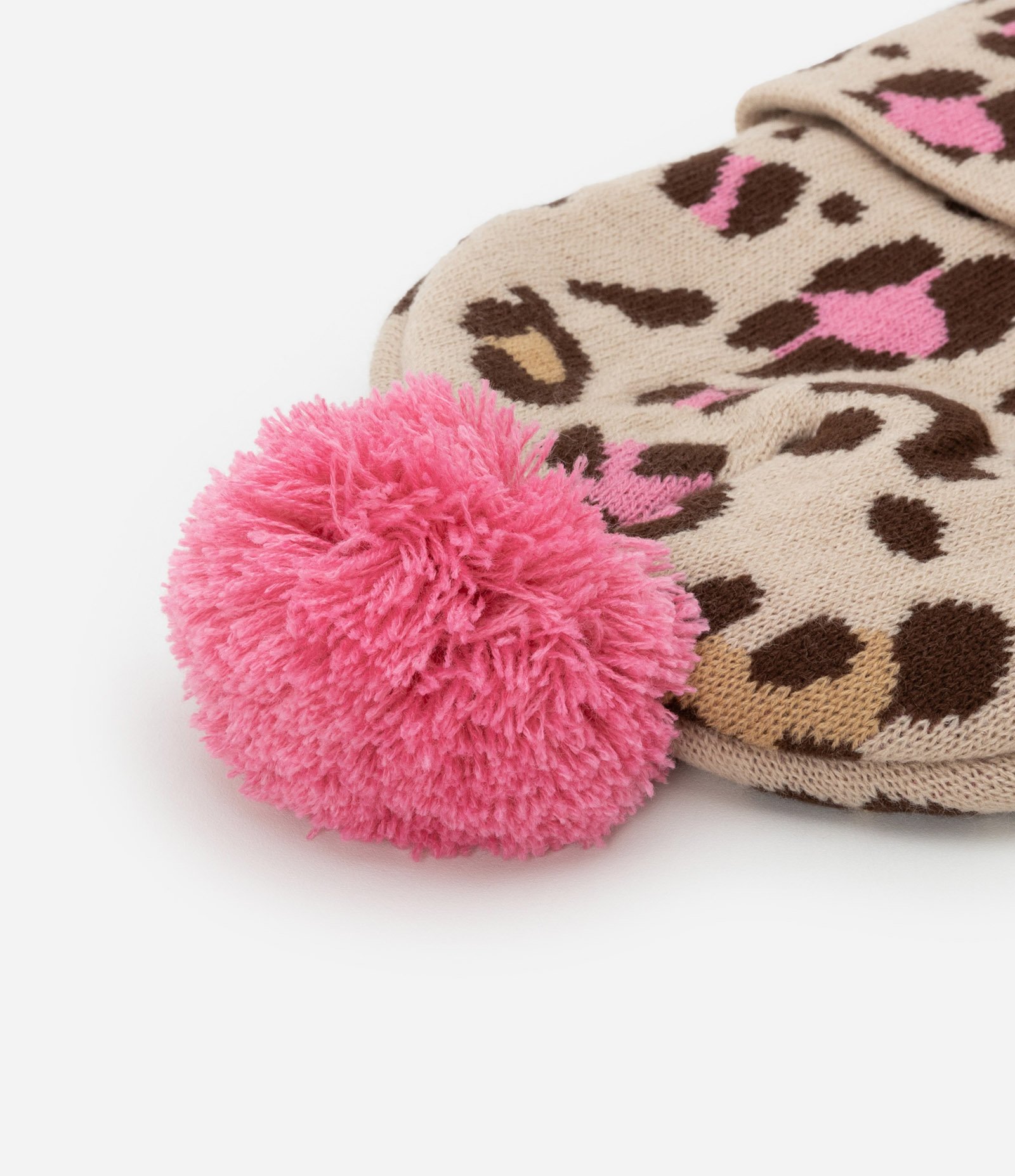 Touca Infantil com Pompom e Estampa Oncinha - Tam Único Rosa/Bege 3