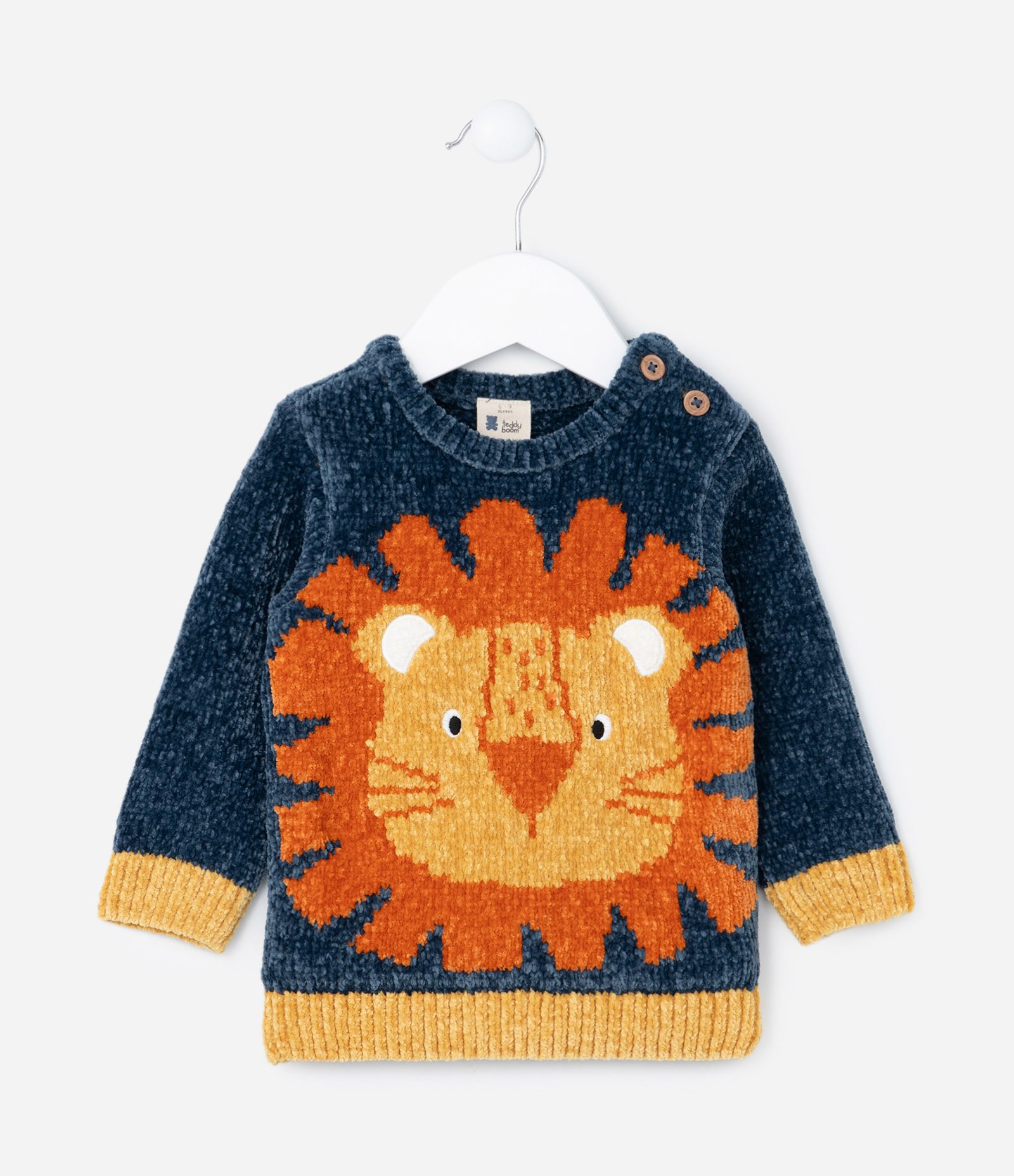 Suéter Infantil em Chenille com Estampa Leãozinho - Tam 0 a 18 meses Azul/Laranja 1