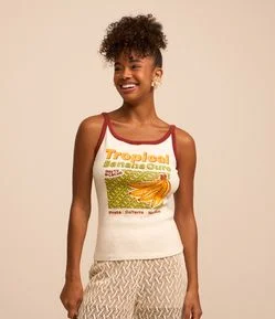 Blusa de Alça em Ribana com Estampa Tropical Banana Ouro