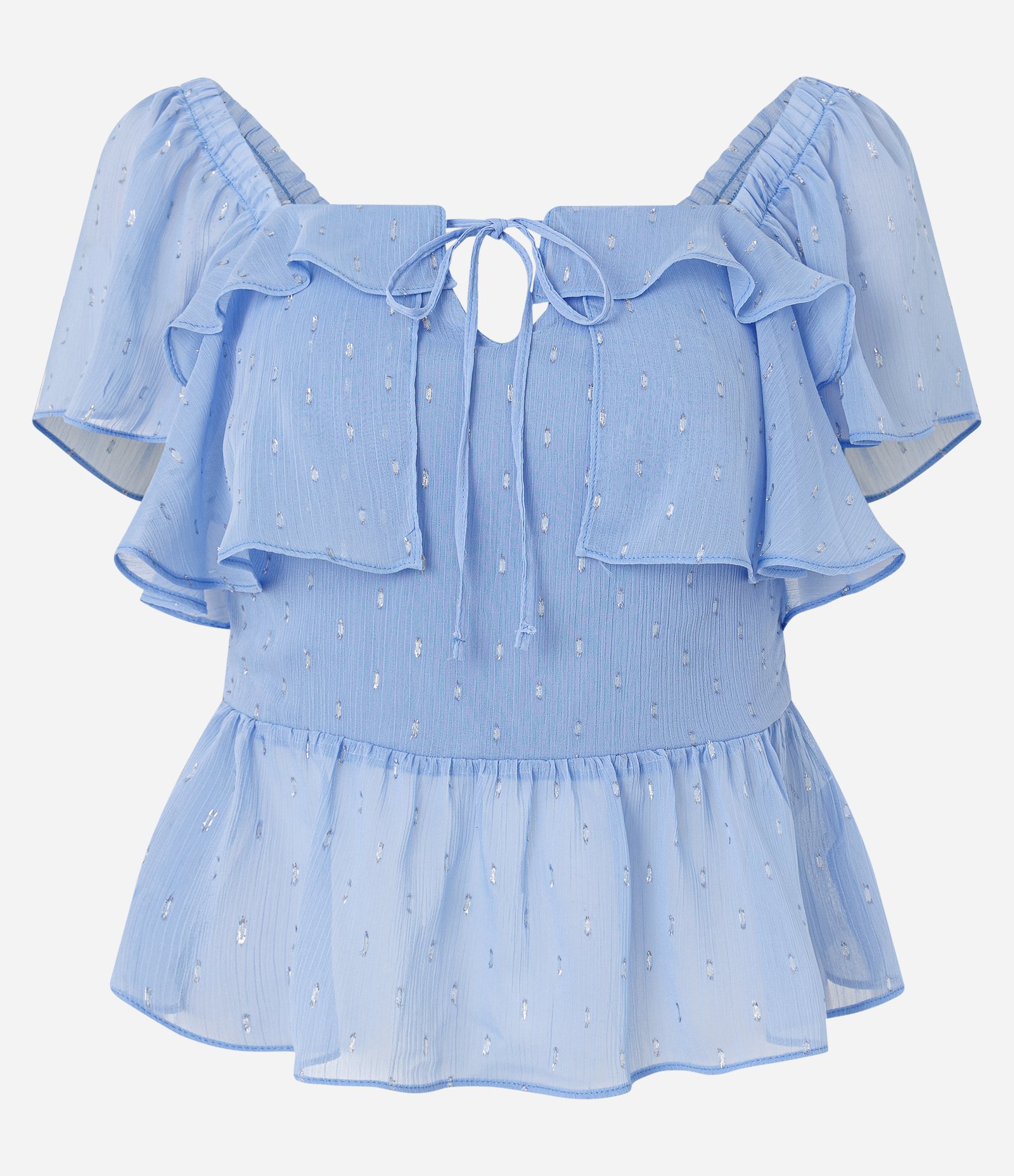 Blusa Peplum em Chiffon com Babados e Aplicações Azul 5
