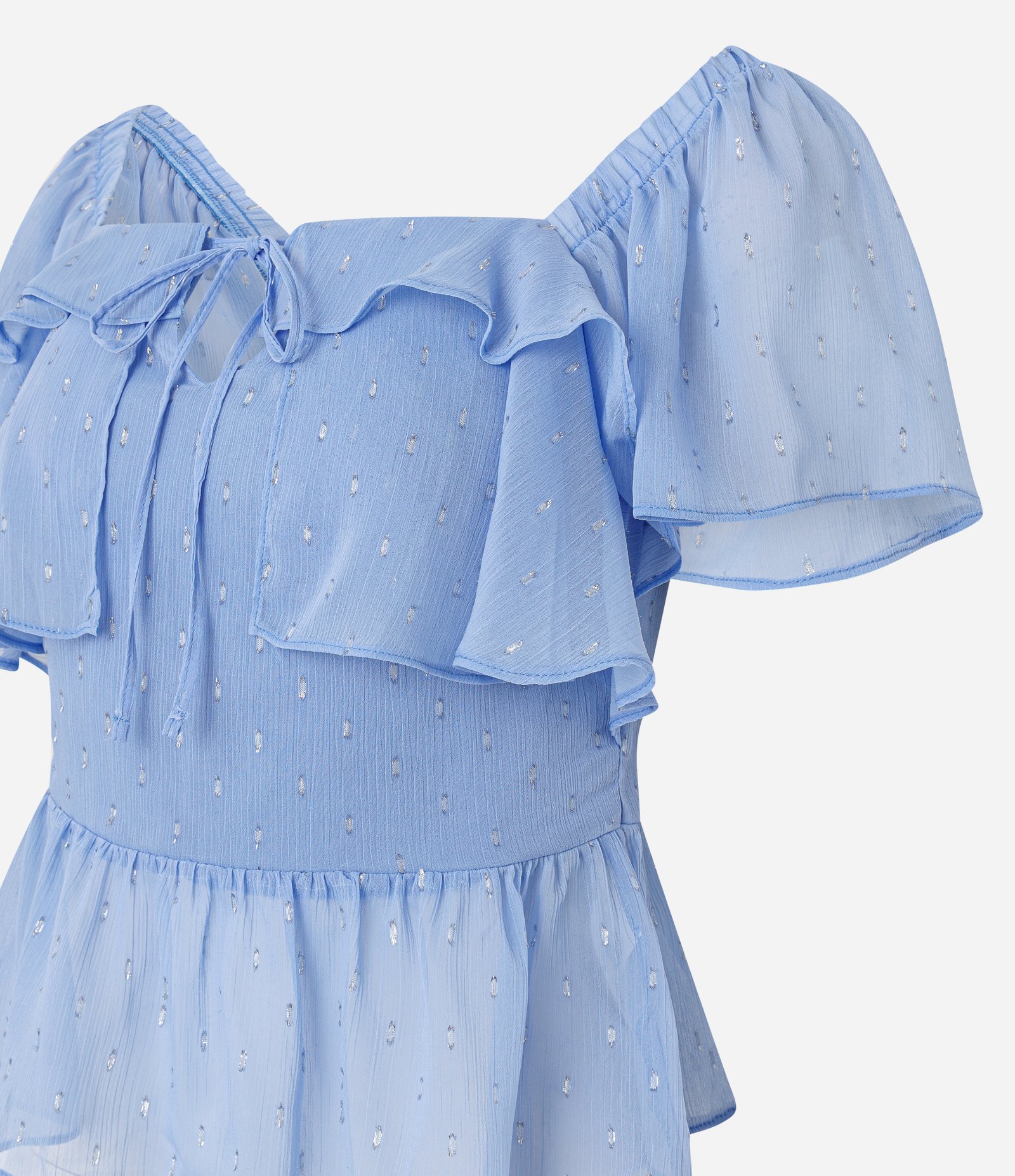 Blusa Peplum em Chiffon com Babados e Aplicações Azul 6
