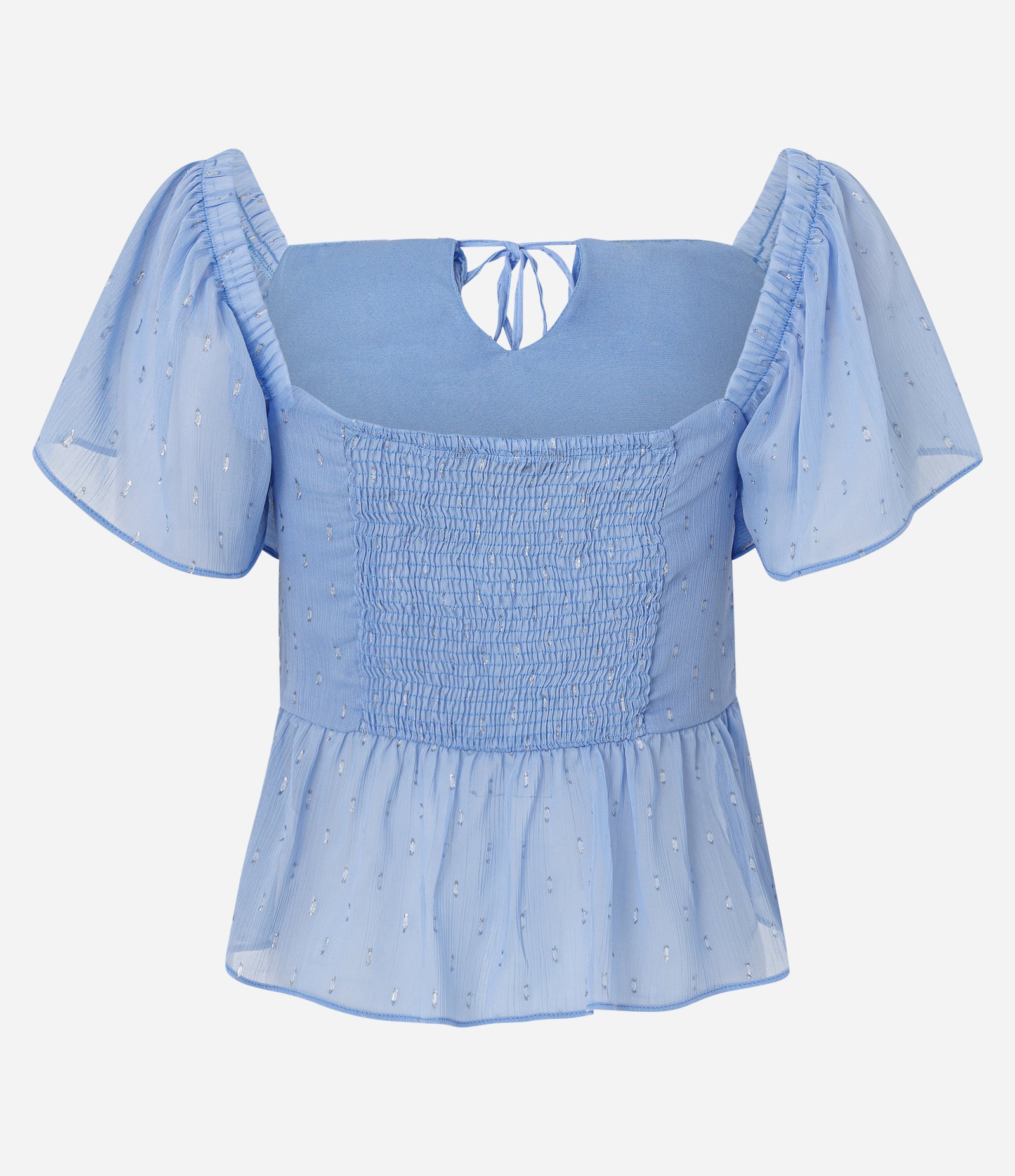 Blusa Peplum em Chiffon com Babados e Aplicações Azul 7