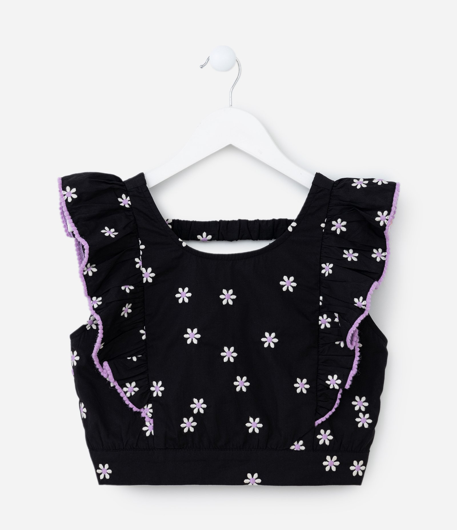 Blusa Cropped Infantil com Babados e Bordado Margaridas - Tam 5 a 14 Anos Preto 1