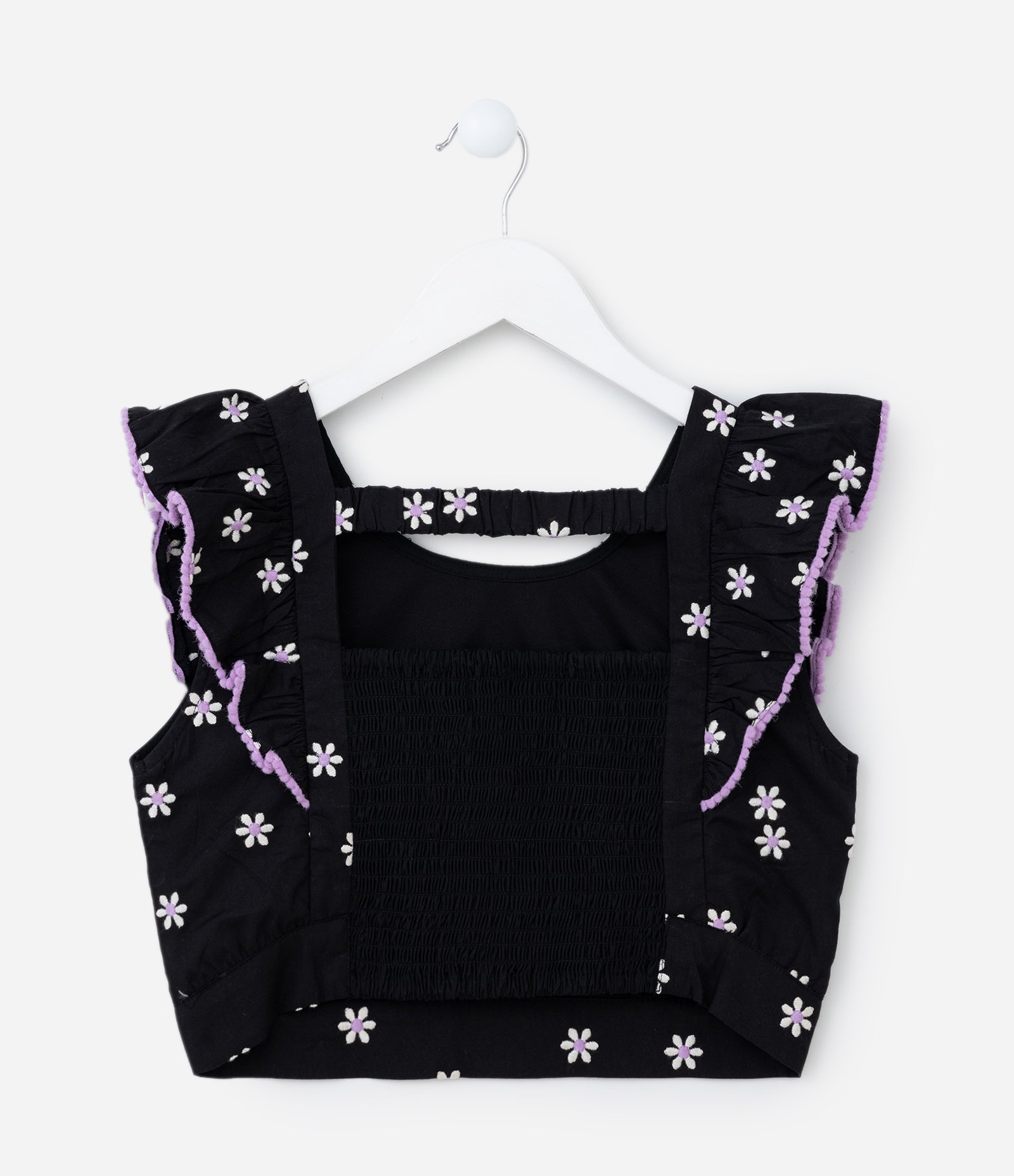 Blusa Cropped Infantil com Babados e Bordado Margaridas - Tam 5 a 14 Anos Preto 2