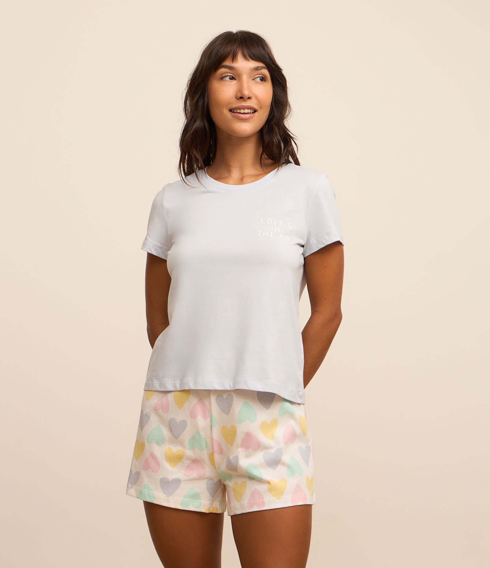 Pijama Short Doll Manga Curta com Estampa de Coração Multicores 1