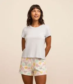 Pijama Short Doll Manga Curta com Estampa de Coração