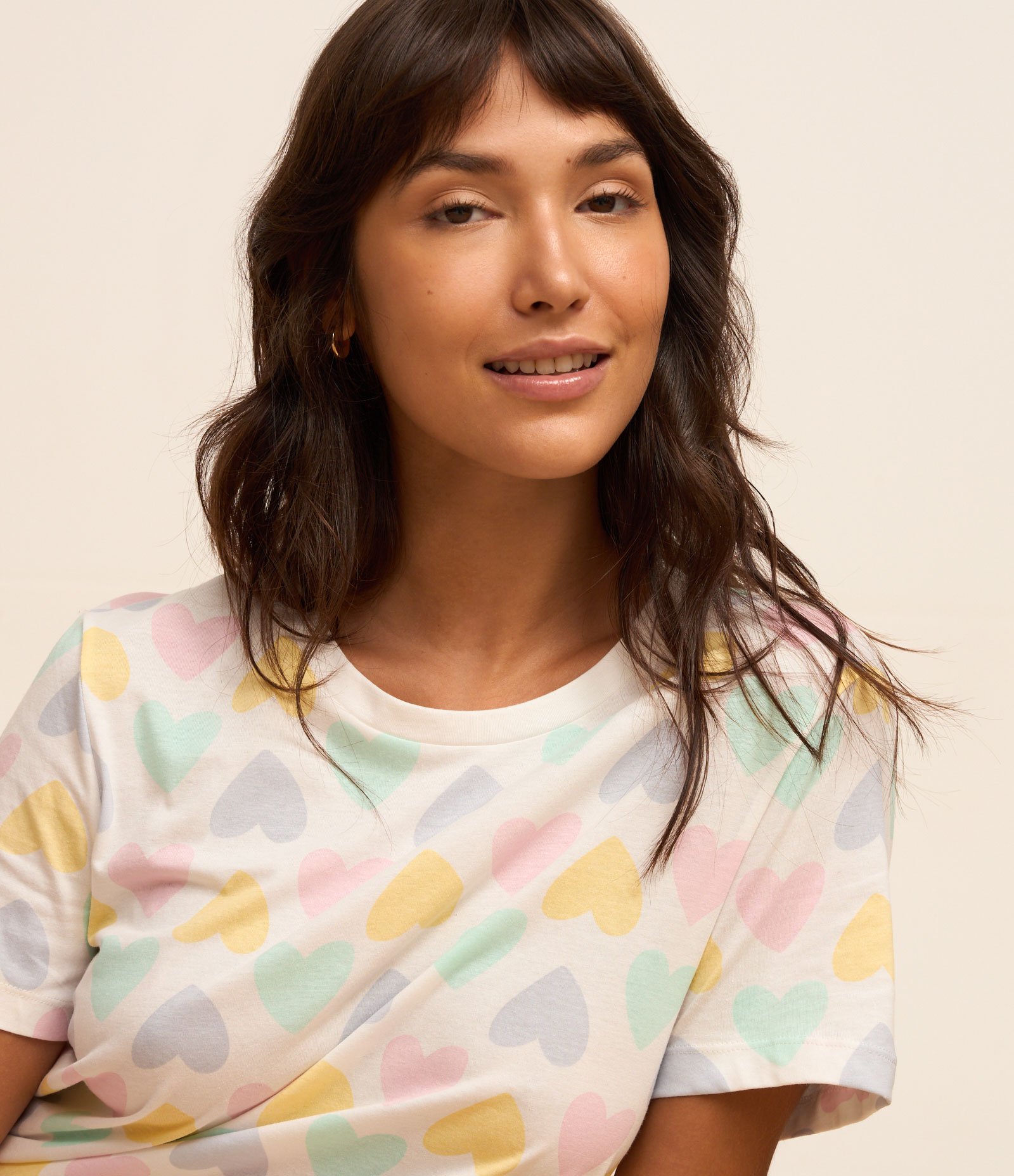 Camisola Manga Curta em Algodão com Estampa de Coração Multicores 3