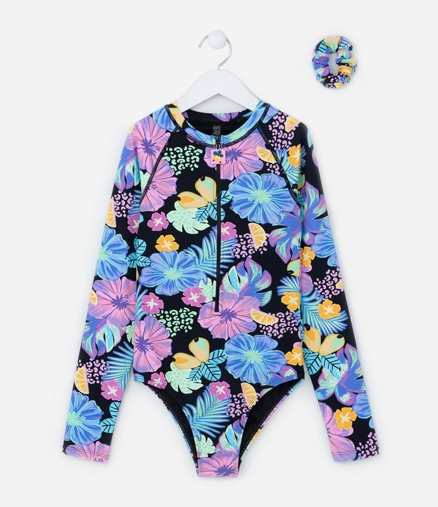 Maiô Infantil com Proteção UV e Estampa Floral - Tam 5 a 14 Anos