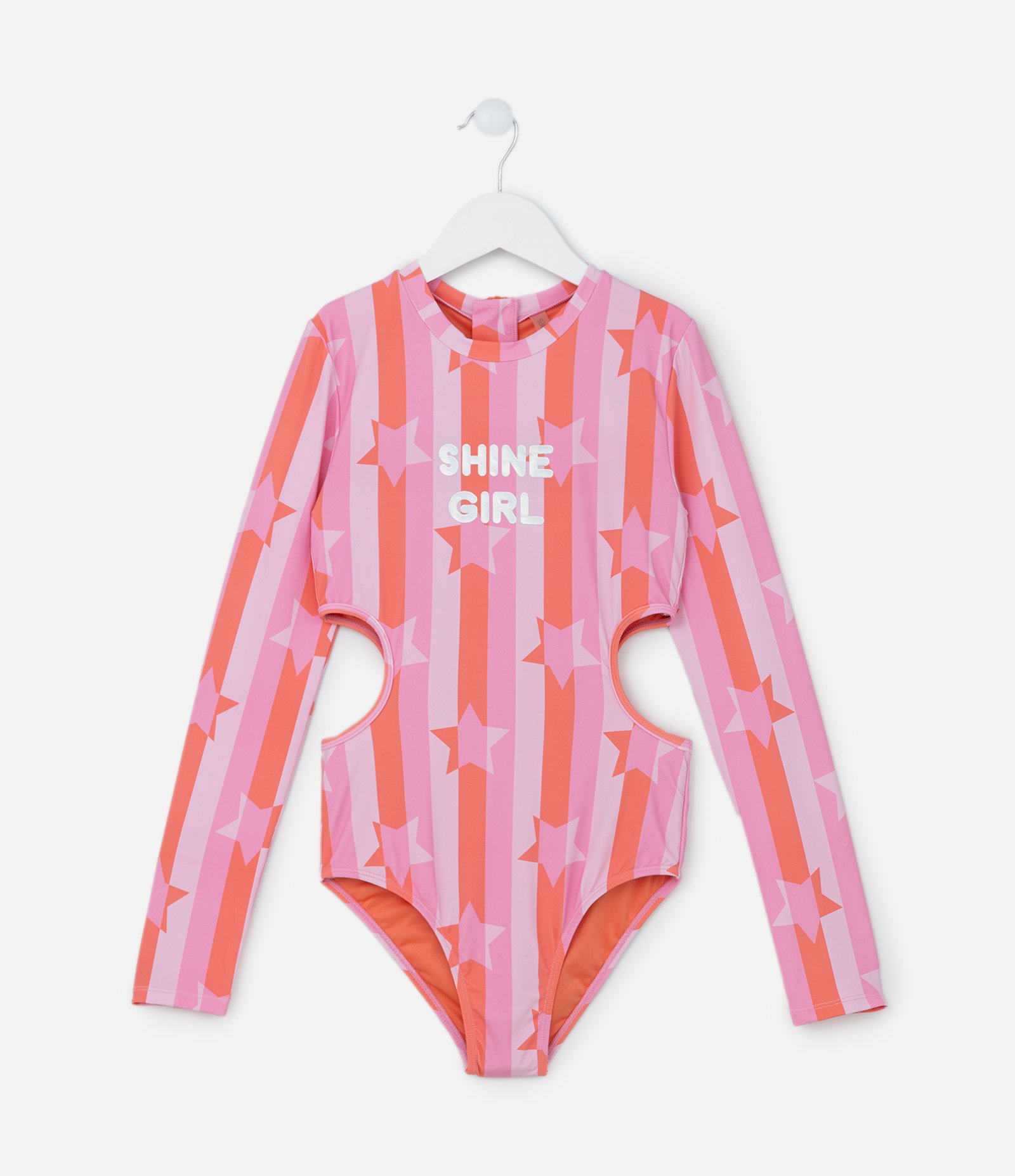 Maiô Infantil com Proteção UV e Recortes Laterais - Tam 5 a 16 Anos Laranja/Rosa 1