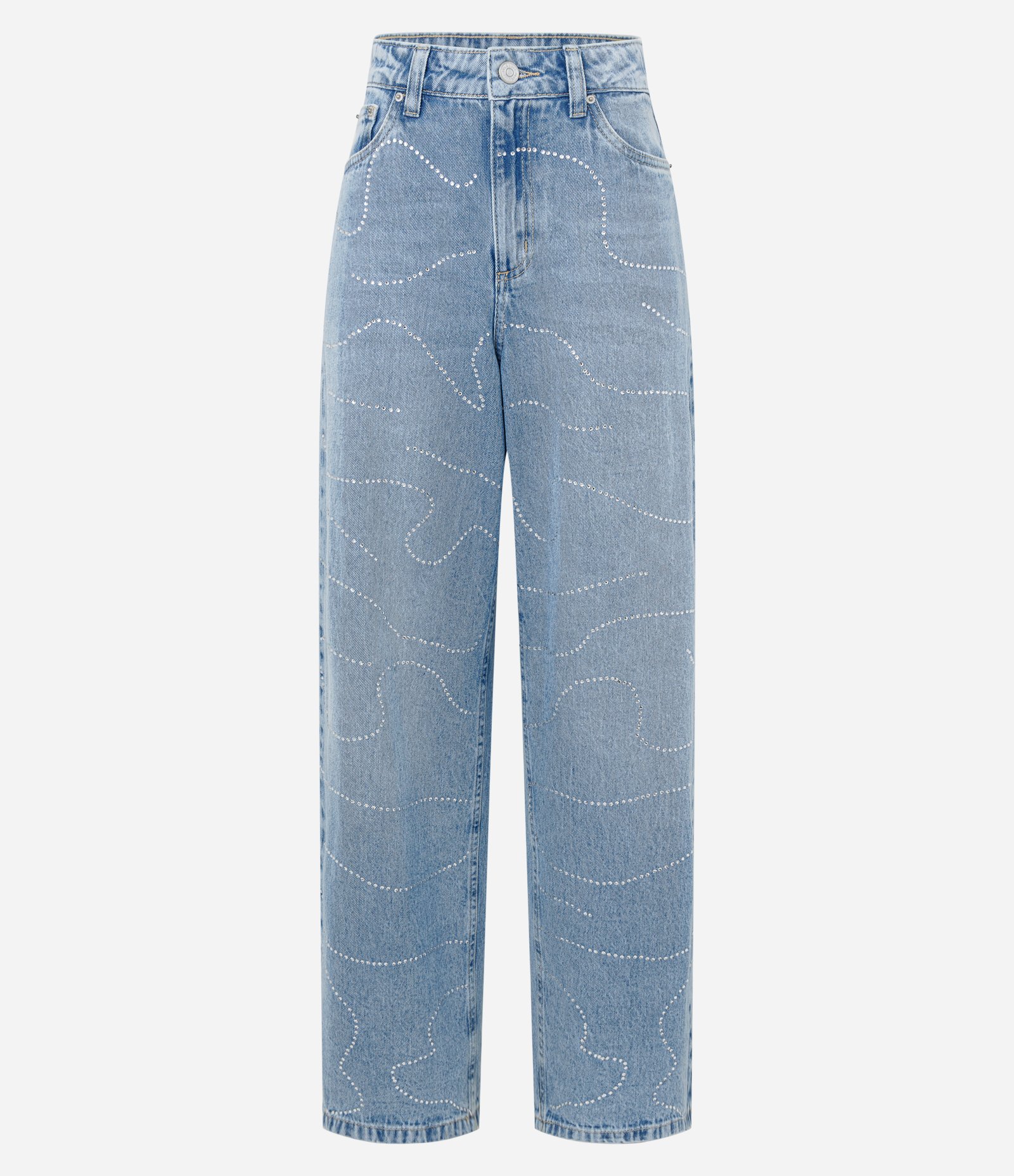Calça Wide Leg em Jeans com Ondinhas de Brilhos Aplicados Azul 6