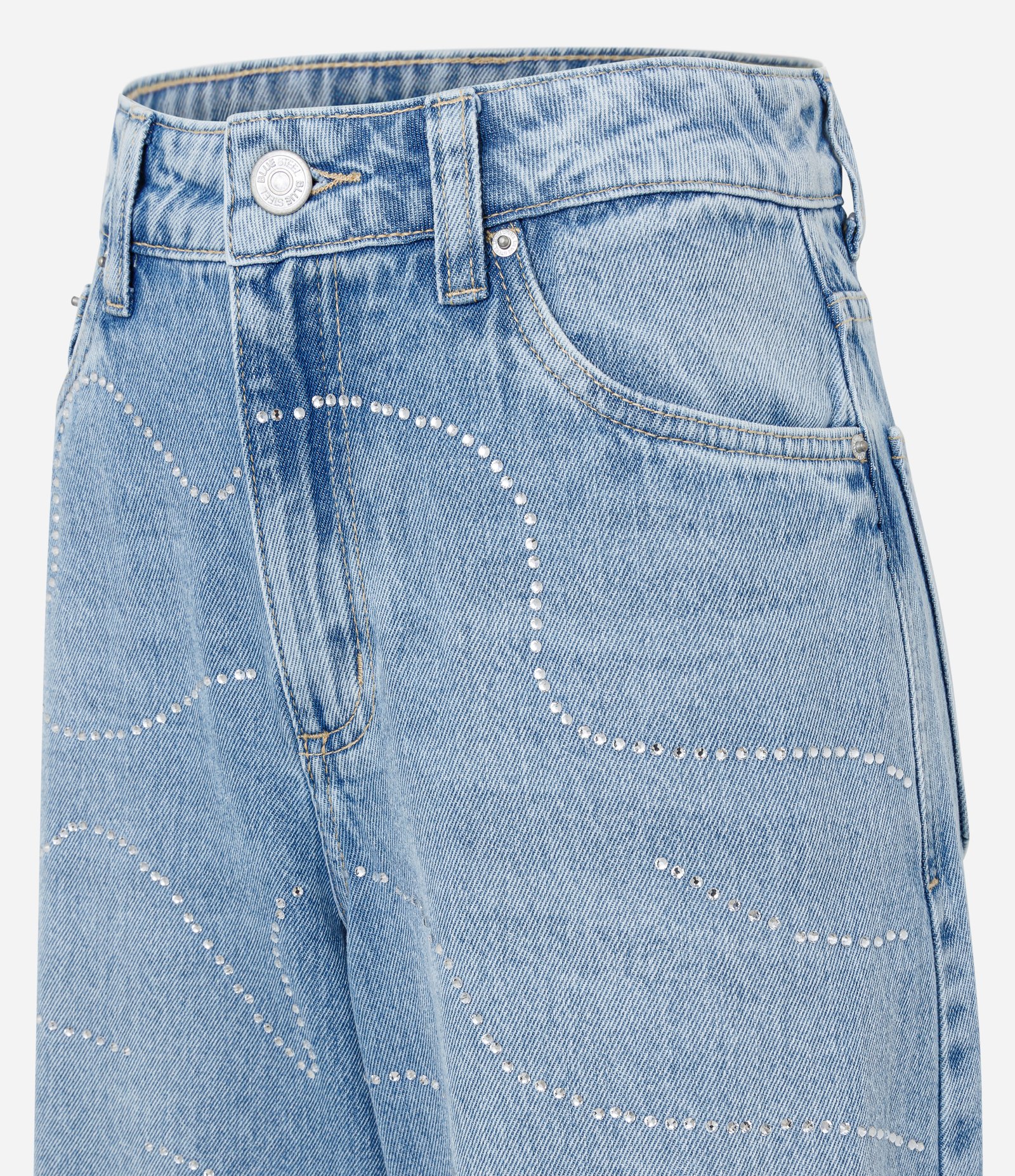 Calça Wide Leg em Jeans com Ondinhas de Brilhos Aplicados Azul 7