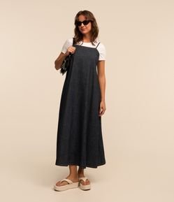 Vestido Midi Jeans com Alcinha Fina