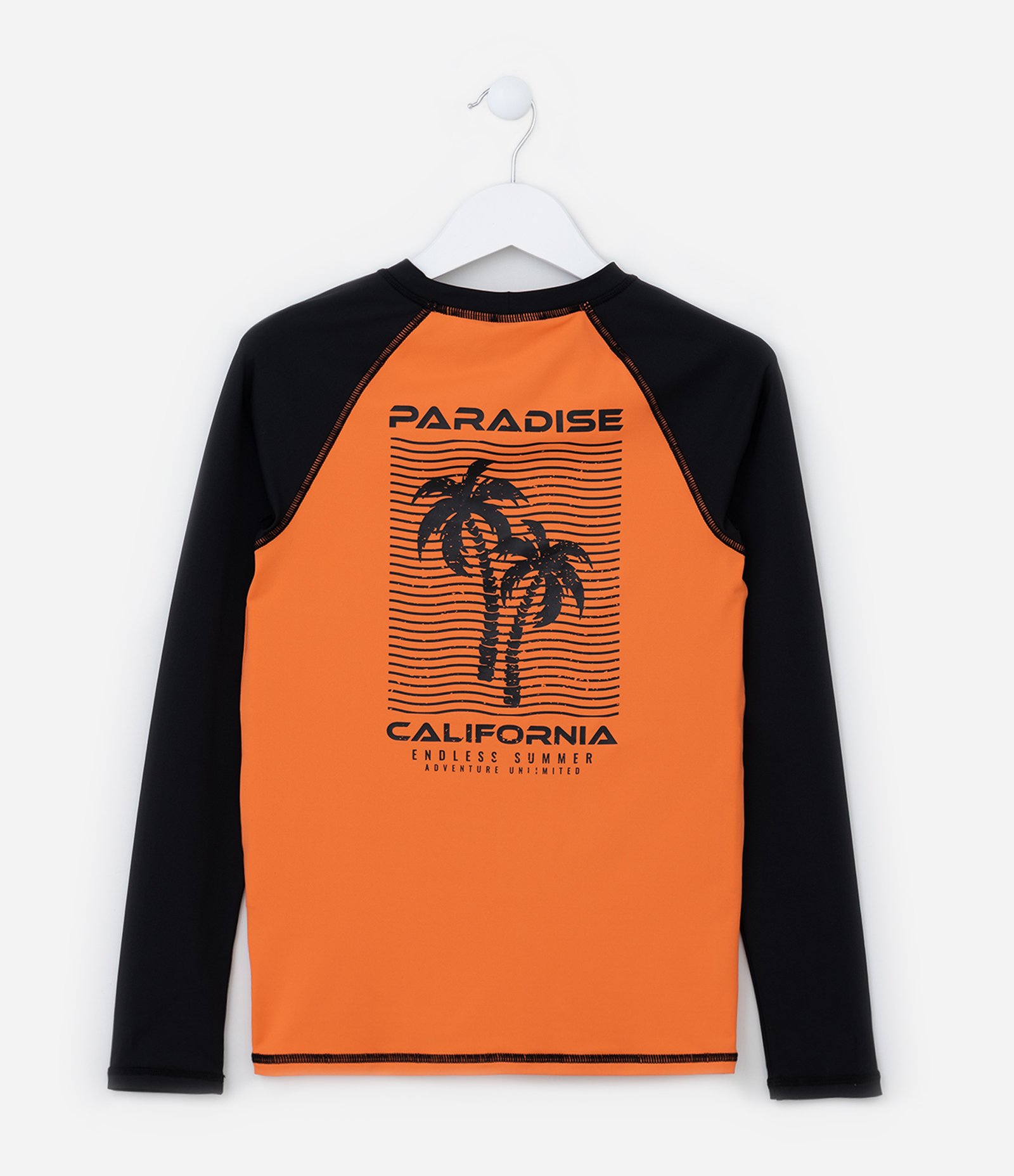 Camiseta Infantil com Proteção UV e Estampa Coqueiros - Tam 5 a 14 Anos Laranja/Preto 2