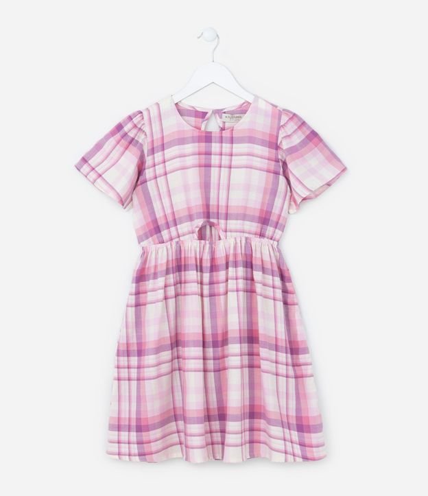 Vestido Infantil com Recorte Vazado e Estampa Xadrez - Tam 5 a 14 Anos