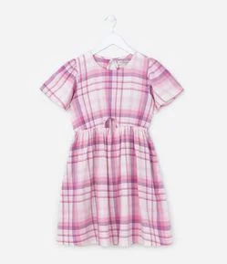 Vestido Infantil com Recorte Vazado e Estampa Xadrez - Tam 5 a 14 Anos
