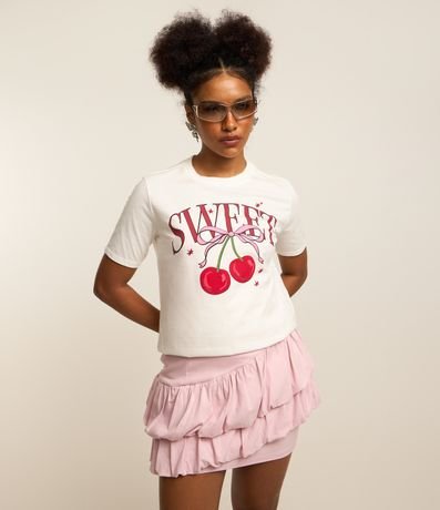 Camiseta Alongada em Algodão com Estampa Cereja Sweet Camiseta Alongada em Algodão com Estampa Cereja Sweet