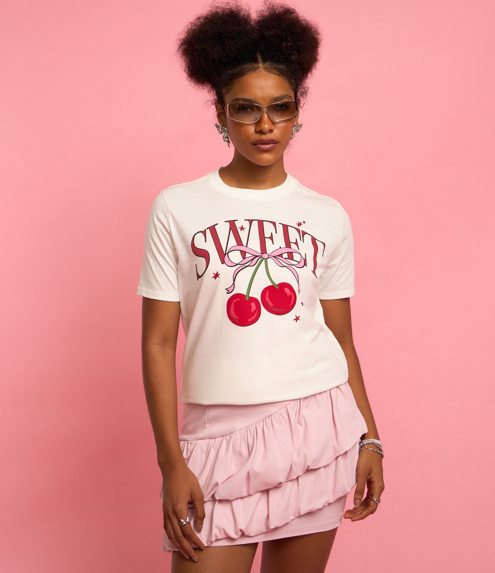 Camiseta Alongada em Algodão com Estampa Cereja Sweet Branco 3
