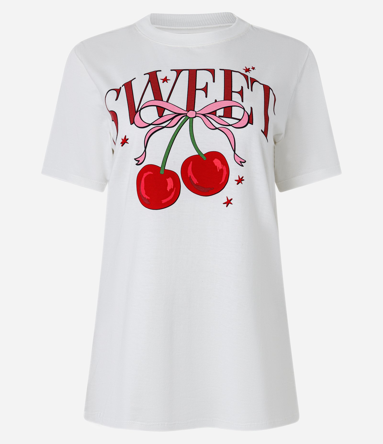 Camiseta Alongada em Algodão com Estampa Cereja Sweet Branco 7