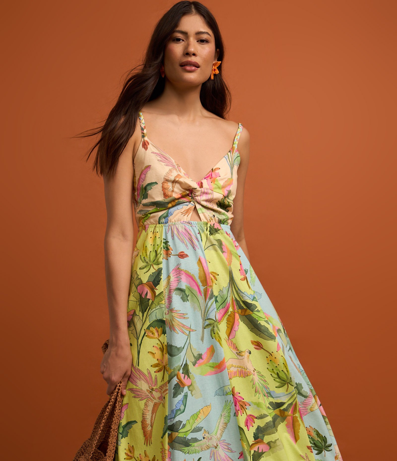 Vestido New Midi em Algodão com Decote Torcido e Mix de Estampas Tropical Multicores 5